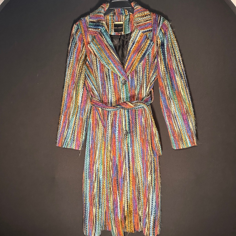 Y2K Kathy Ireland Coat L Boho Rainbow Knit Artsy Striped Textured‎ Statement